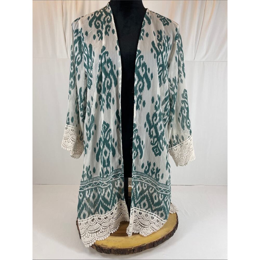 Mason & Belle Teal Ivory Ikat Lace Trim Open Front Kimono XL Festival Coastal